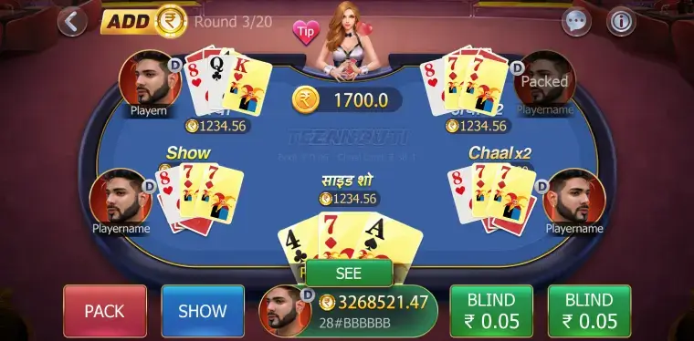 Teen Patti card table gameplay